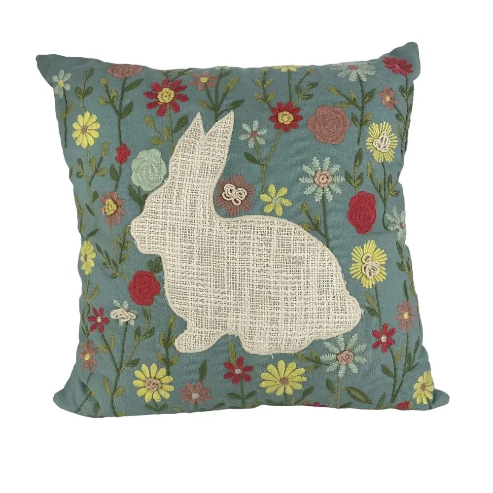 PIER 1 Embroidered Bunny Rabbit Pillow Zip Off Cover Easter Spring Decor